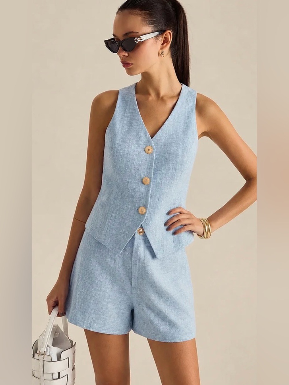 Commense Textured Metal Button Vest & Shorts Set - Blue